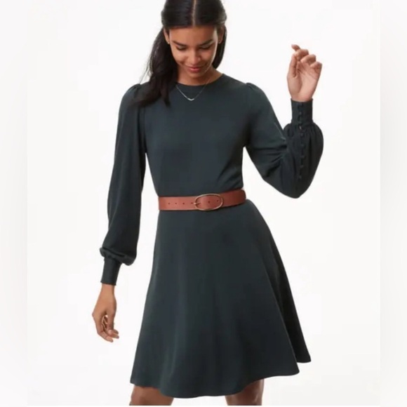 LOFT Dresses & Skirts - Loft Petites‎ dark green fit & flare blouson dress long sleeve size 0P
